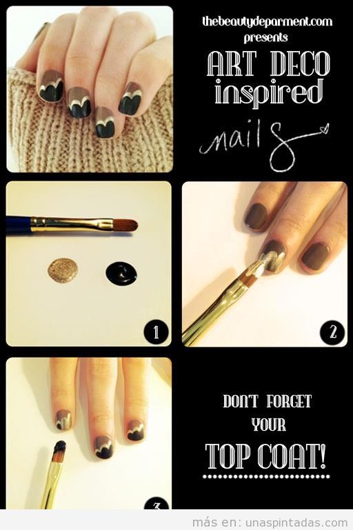 Nail Art, diseño de uñas negro, marrón y dorado, inspirado en Art Déco
