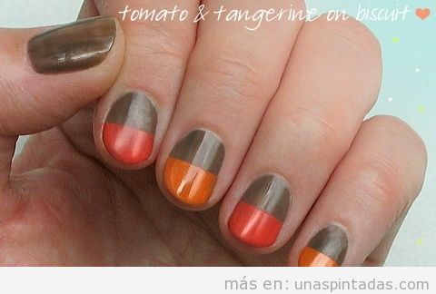 Decoración de uñas fácil en color block, marrón y naranja