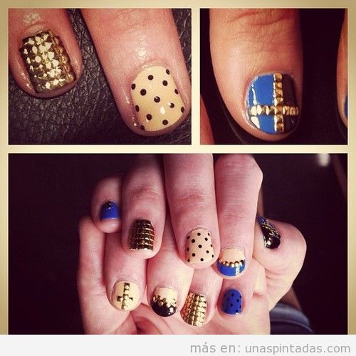 Diseño de uñas con lunares y tachuelas en dorado y azul