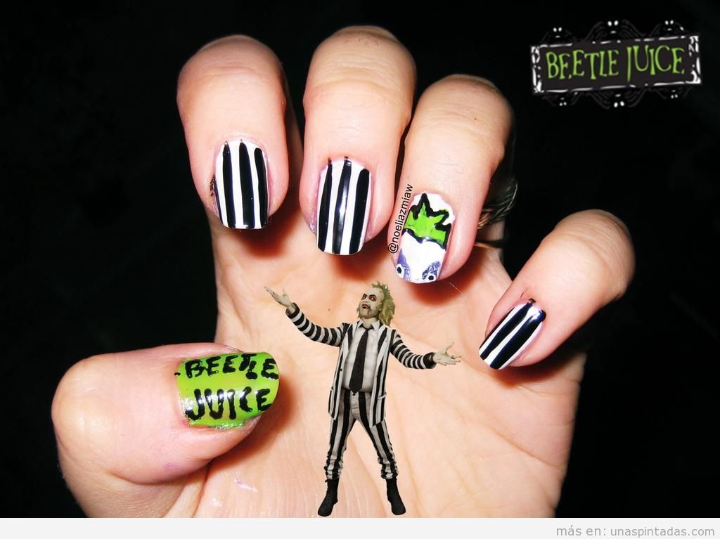 Diseño de uñas para Halloween con Beetlejuice o Bitelchús