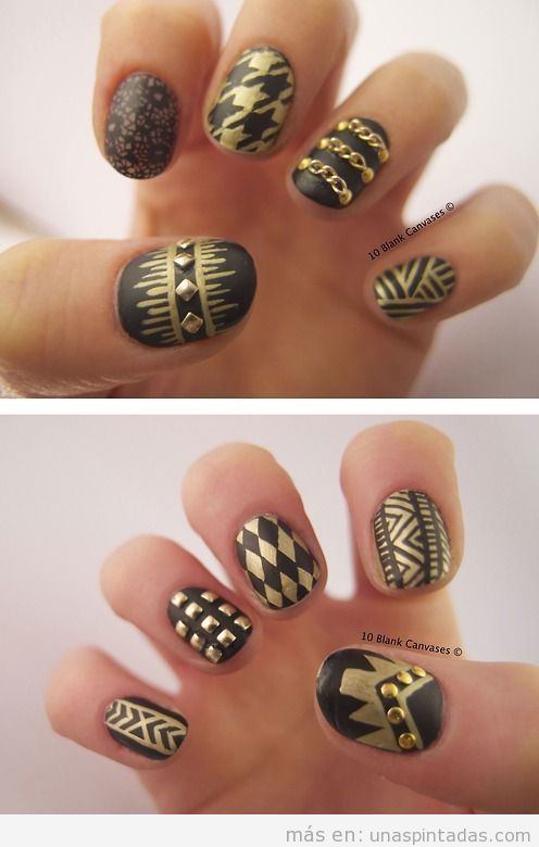 Diseño de uñas en negro y dorado mate