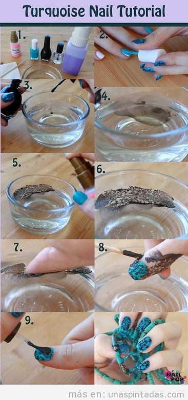 Cómo hacer un diseño de uñas al agua, efecto piedra turquesa, paso a paso