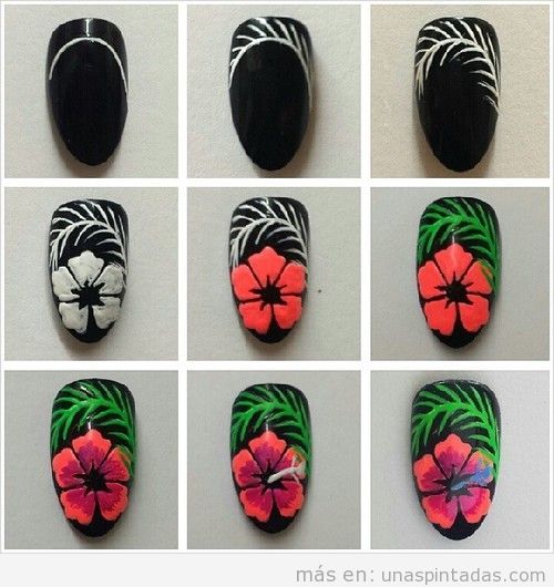 Decoración uñas verano, tutorial aprender dibujar flor tropical en las uñas