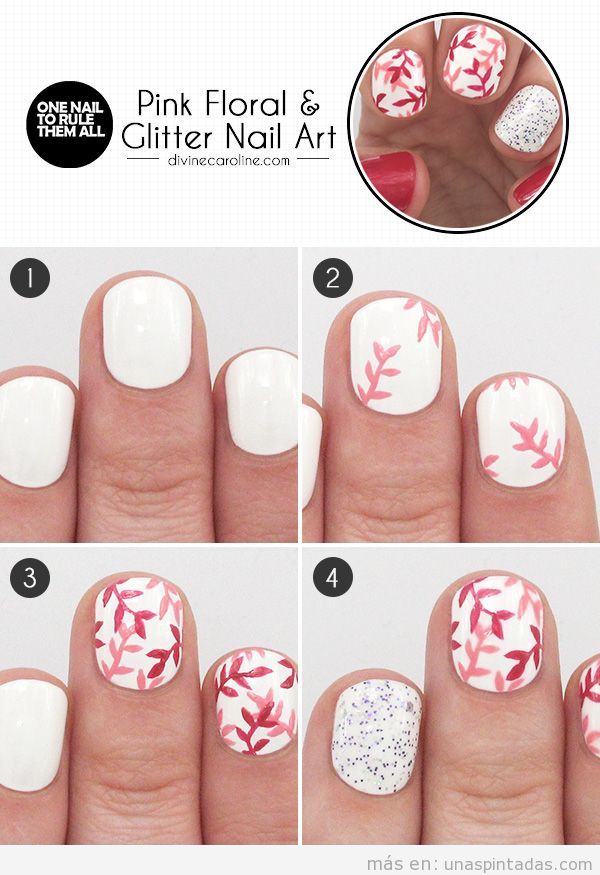 Tutorial para aprender a hacer un diseño de uñas floral en rosa y purpurina
