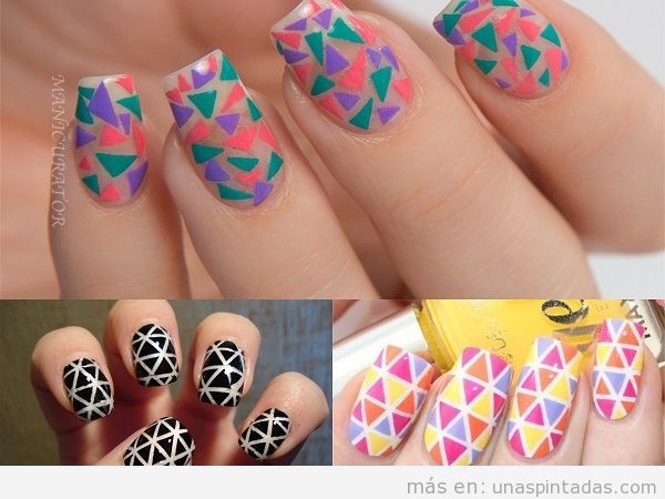 Decoraciones de uñas con triángulos estilo mosaico